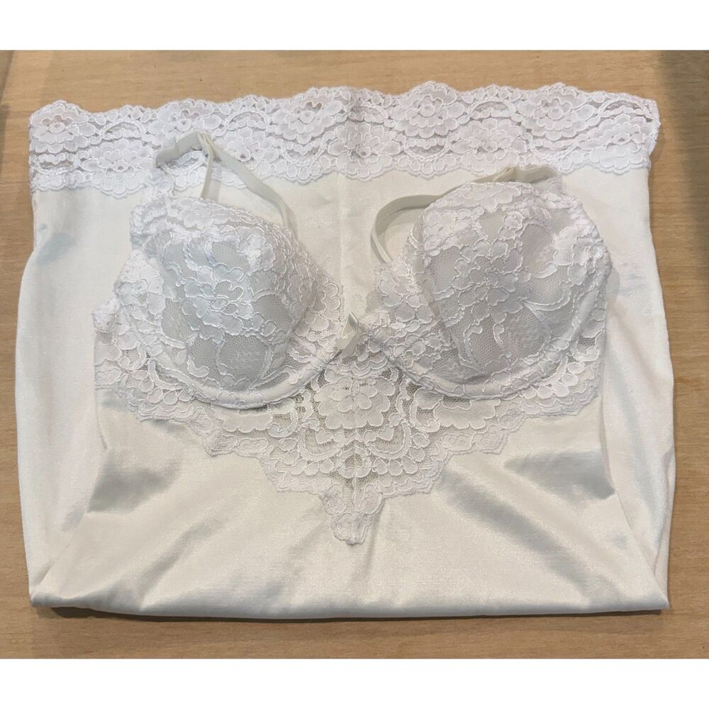 Vintage 90s Victorias Secret White Lace Corset Top Coquette Slip Dress 34C
